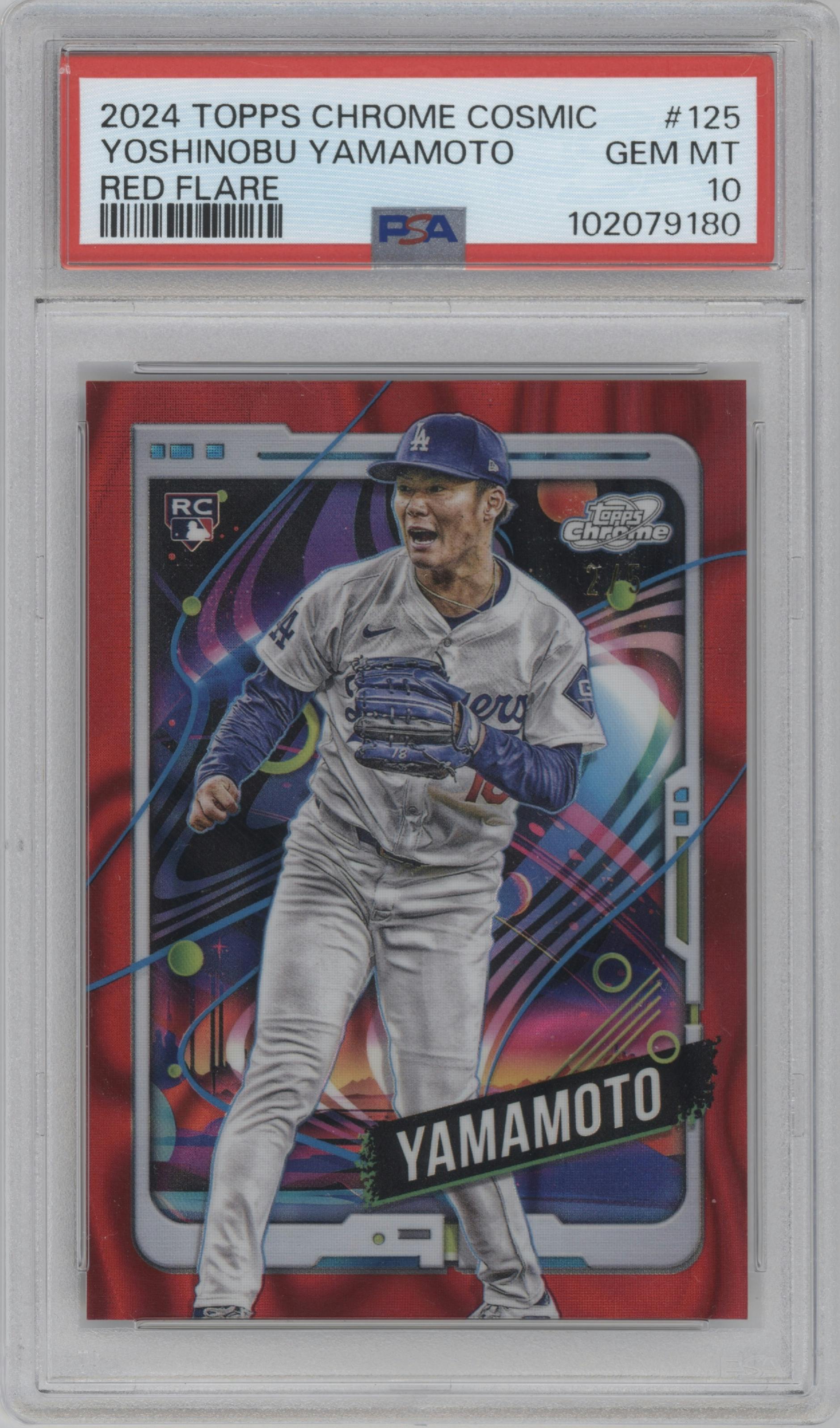 Yoshinobu Yamamoto from the 2024 Topps Cosmic Chrome set featuring a Red Flare Refractor parallel graded by PSA and given an overall grade of 10.