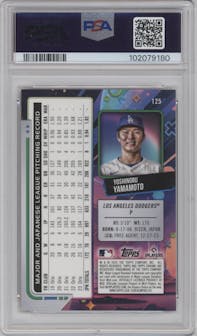 Yoshinobu Yamamoto from the 2024 Topps Cosmic Chrome set featuring a Red Flare Refractor parallel graded by PSA and given an overall grade of 10.