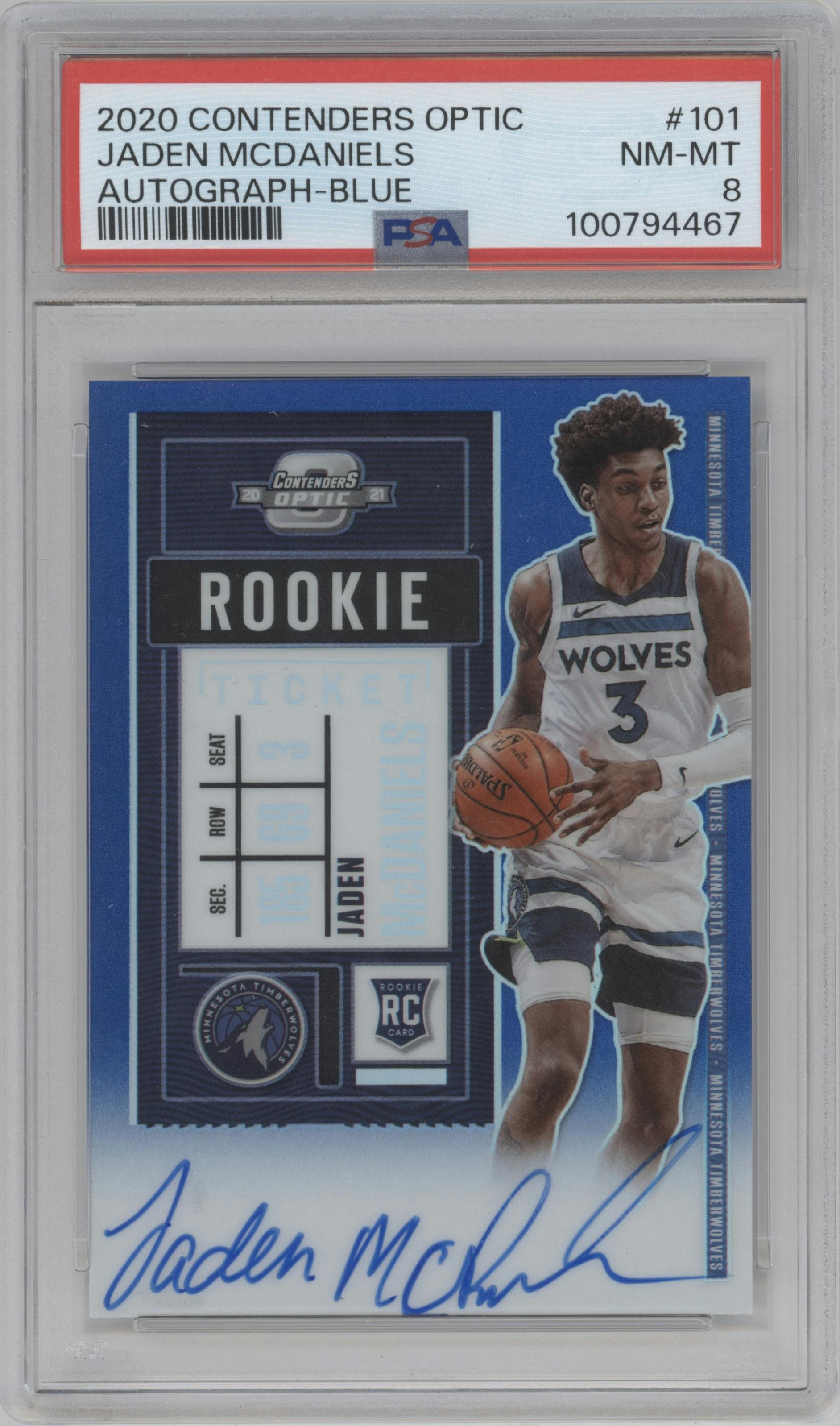 Jaden McDaniels from the 2020-21 Panini Contenders Optic set featuring a Blue parallel graded by PSA and given an overall grade of 8.