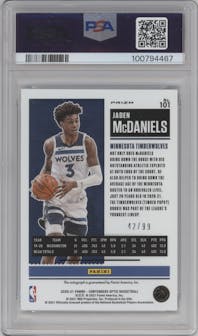 Jaden McDaniels from the 2020-21 Panini Contenders Optic set featuring a Blue parallel graded by PSA and given an overall grade of 8.