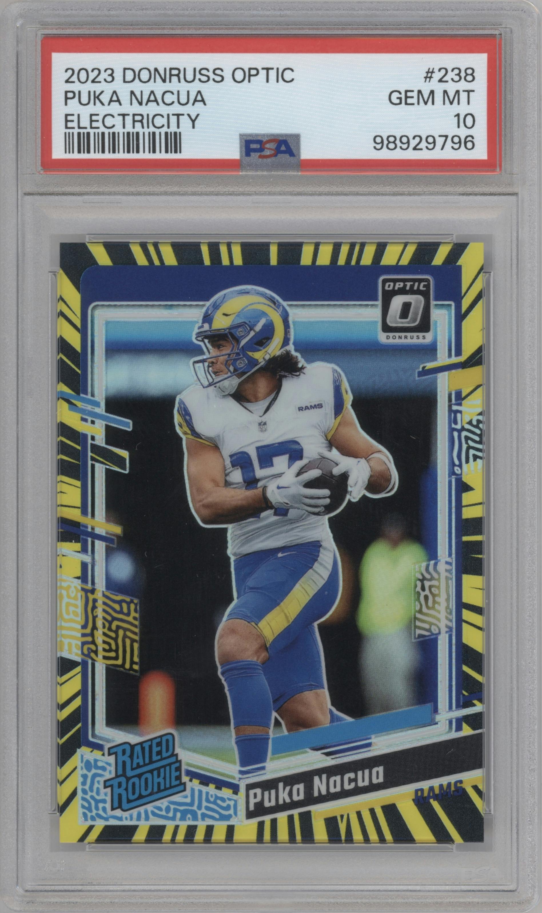 Puka Nacua from the 2023 Donruss Optic set featuring a Electricity parallel graded by PSA and given an overall grade of 10.