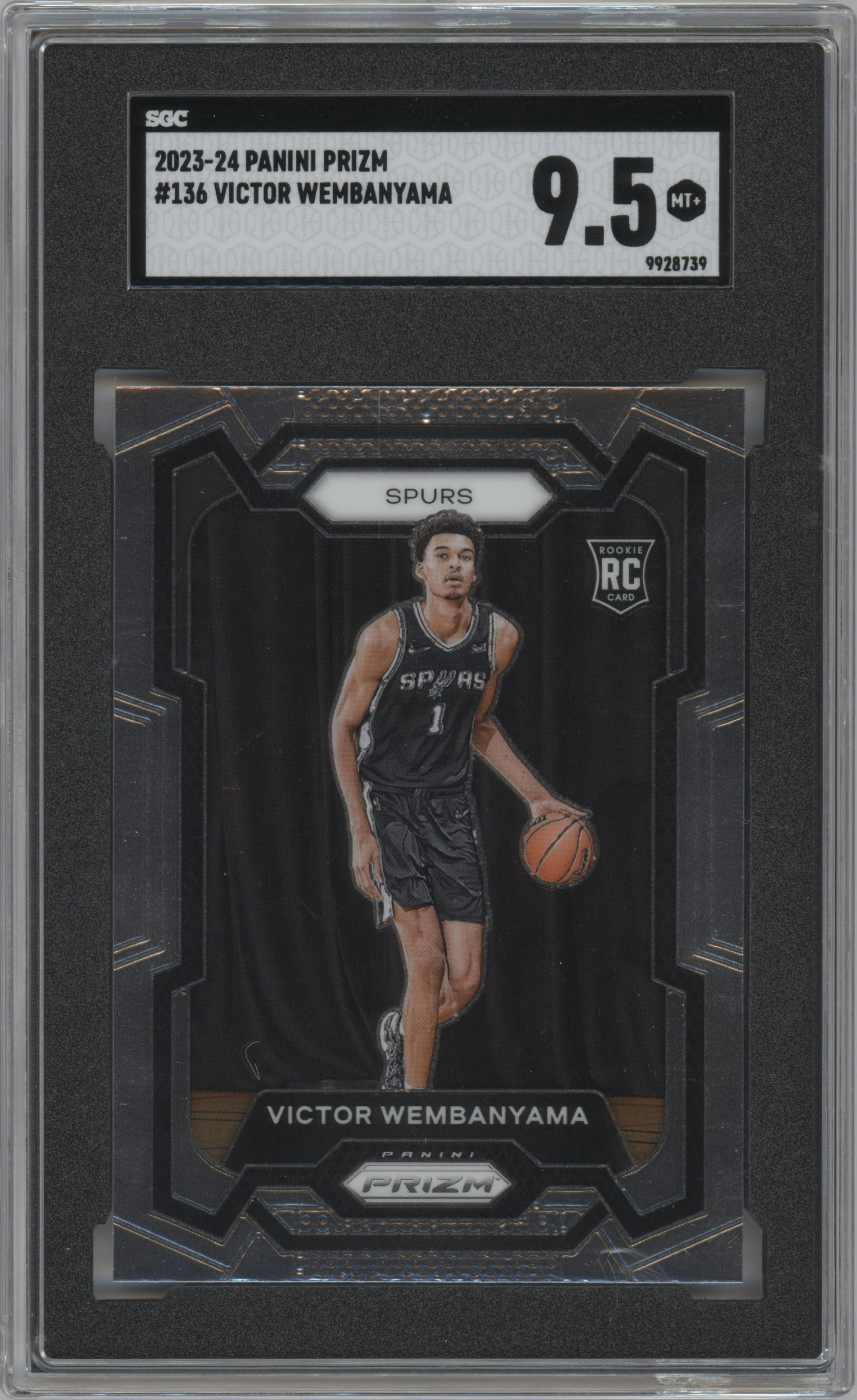 Victor Wembanyama from the 2023-24 Panini Prizm set graded by SGC and given an overall grade of 9.5.