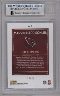Marvin Harrison Jr. from the 2024 Donruss Optic set featuring a White Pandora parallel graded by Beckett and given an overall grade of 9.