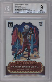 Marvin Harrison Jr. from the 2024 Donruss Optic set featuring a White Pandora parallel graded by Beckett and given an overall grade of 9.