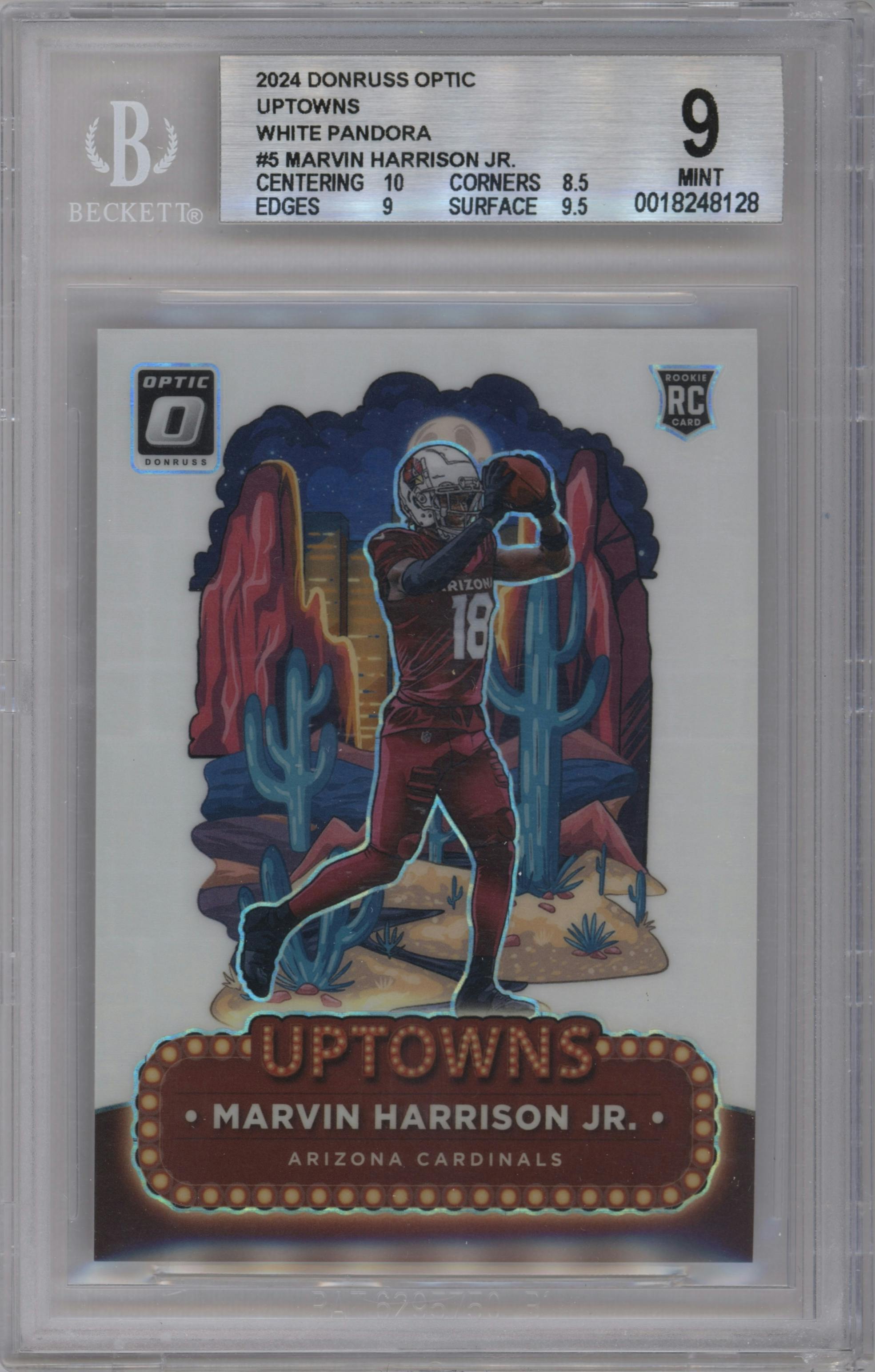 Marvin Harrison Jr. from the 2024 Donruss Optic set featuring a White Pandora parallel graded by Beckett and given an overall grade of 9.