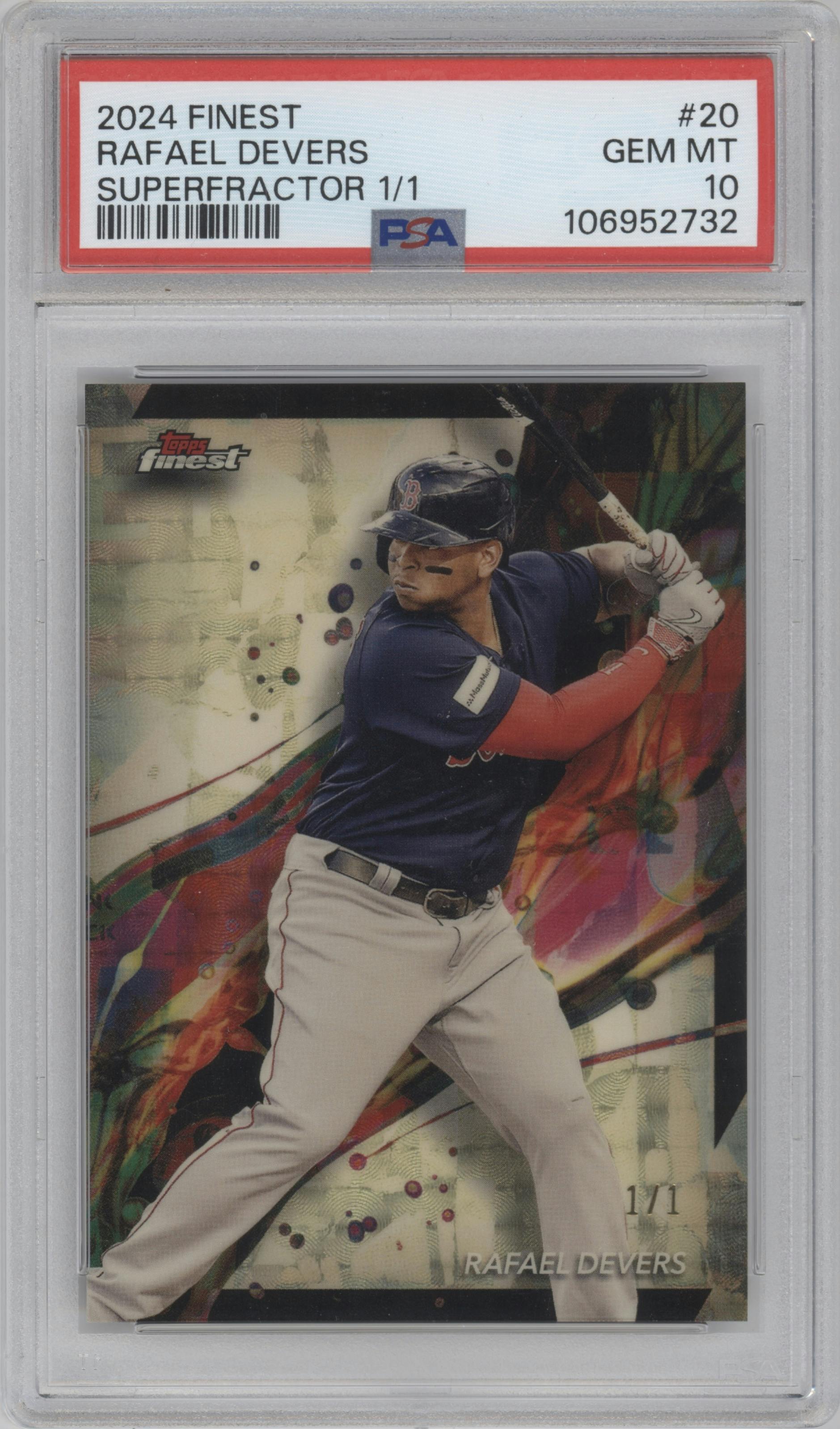 Rafael Devers from the 2024 Topps Finest set featuring a SuperFractor parallel graded by PSA and given an overall grade of 10.