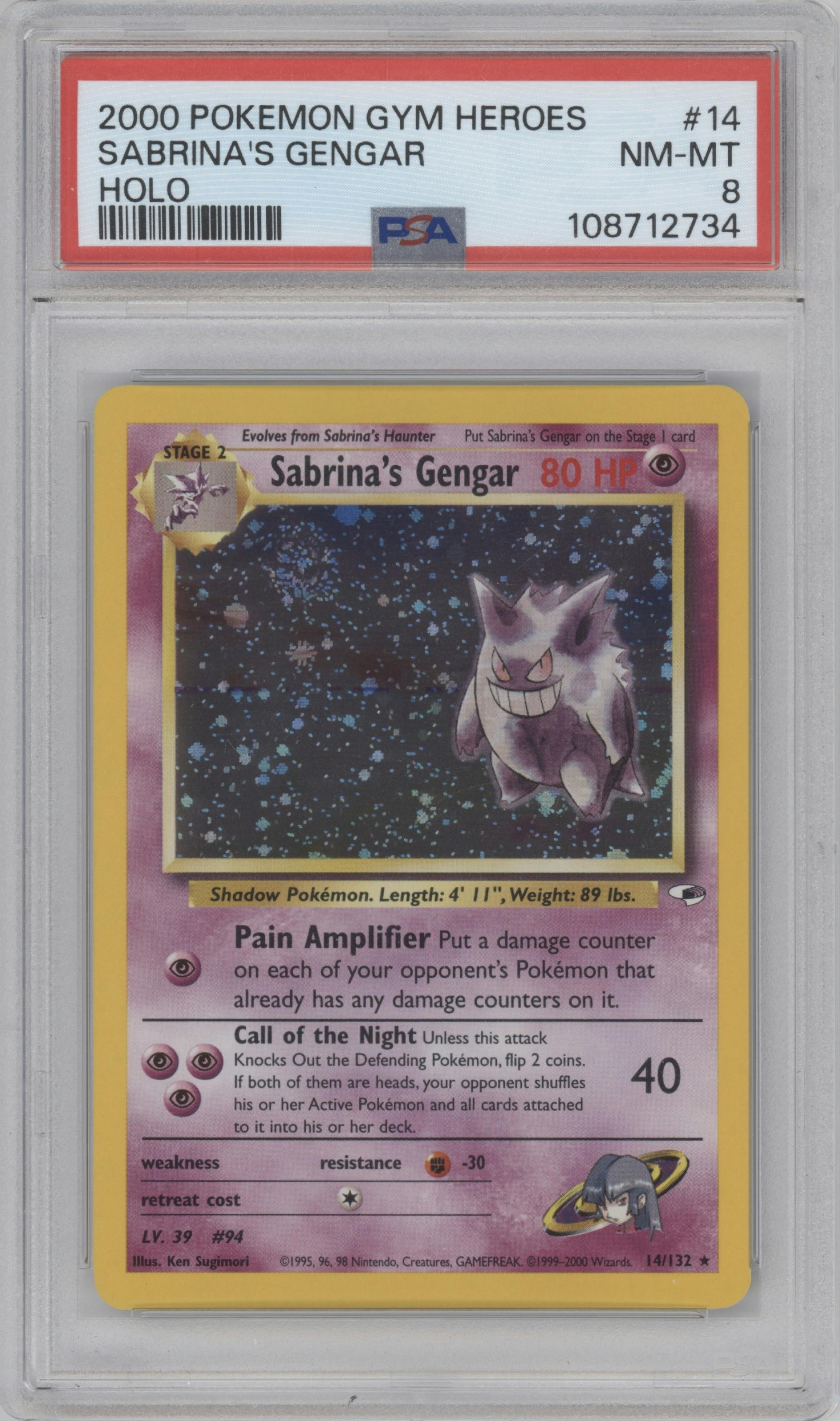 Sabrina's Gengar from the 2000 Pokemon GH set graded by PSA and given an overall grade of 8.