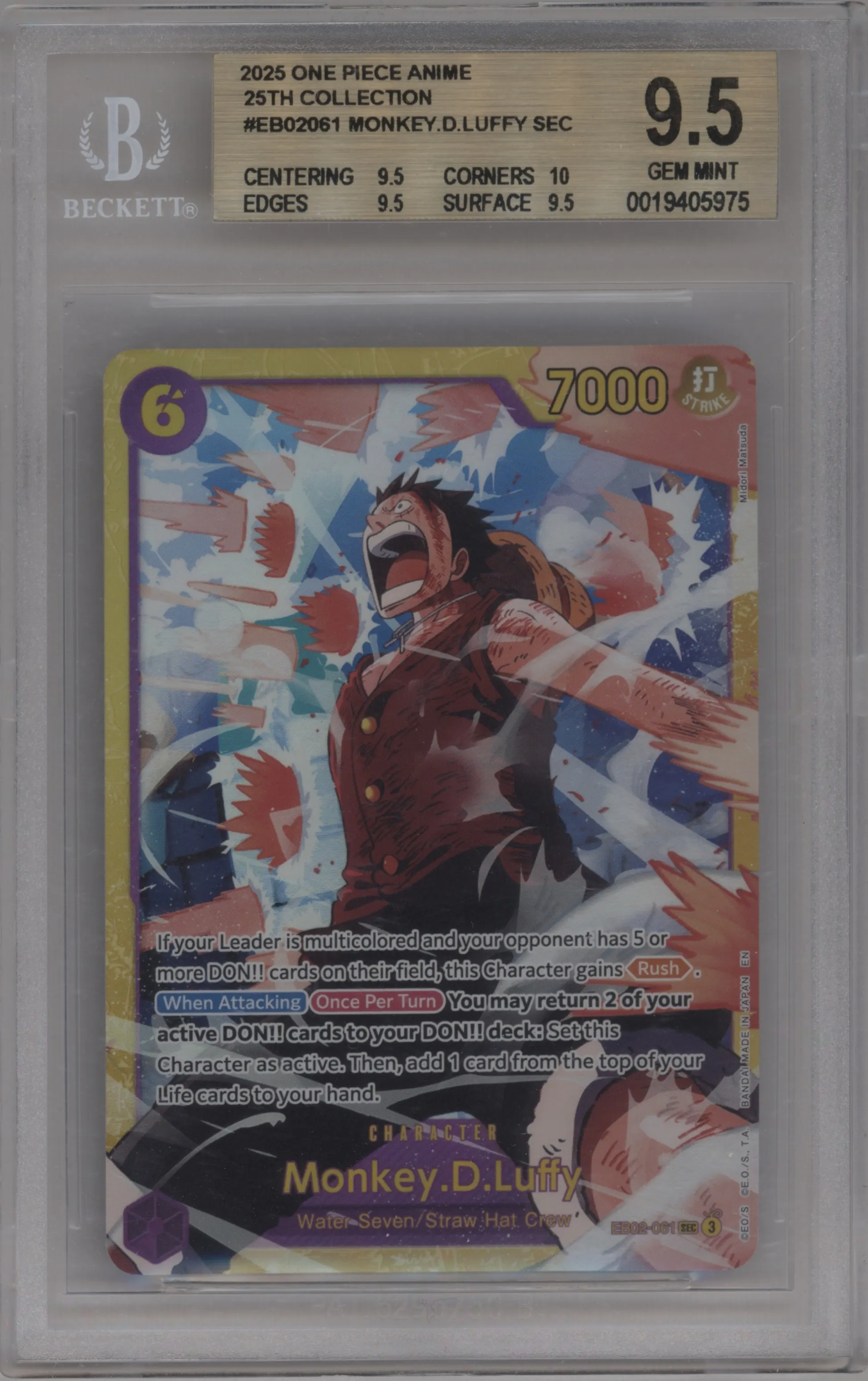 2025 One Piece JPN Anime 25th Collection Monkey.D.Luffy SEC #EB02-061 SEC BGS 9.5