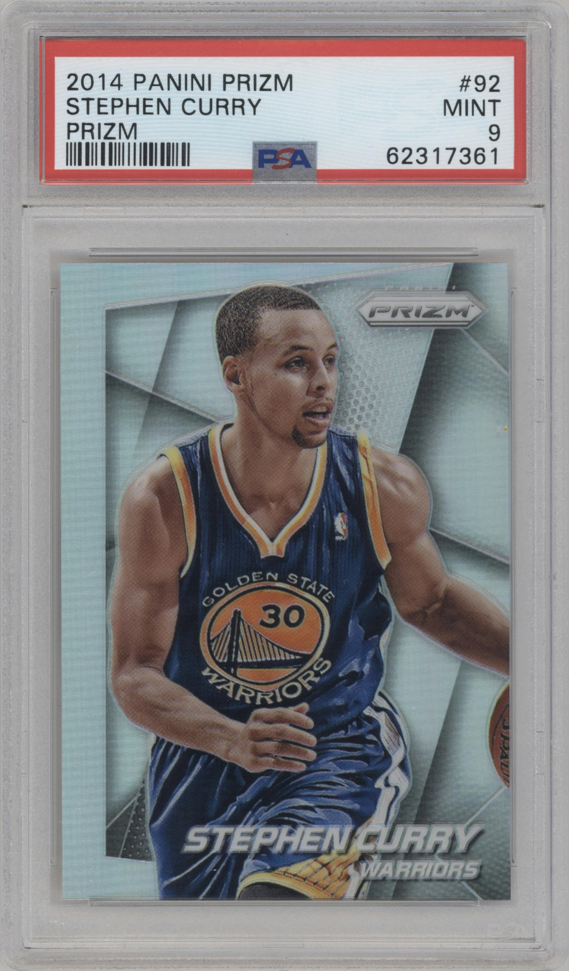Stephen Curry from the 2014-15 Panini Prizm set featuring a Silver Prizm parallel graded by PSA and given an overall grade of 9.