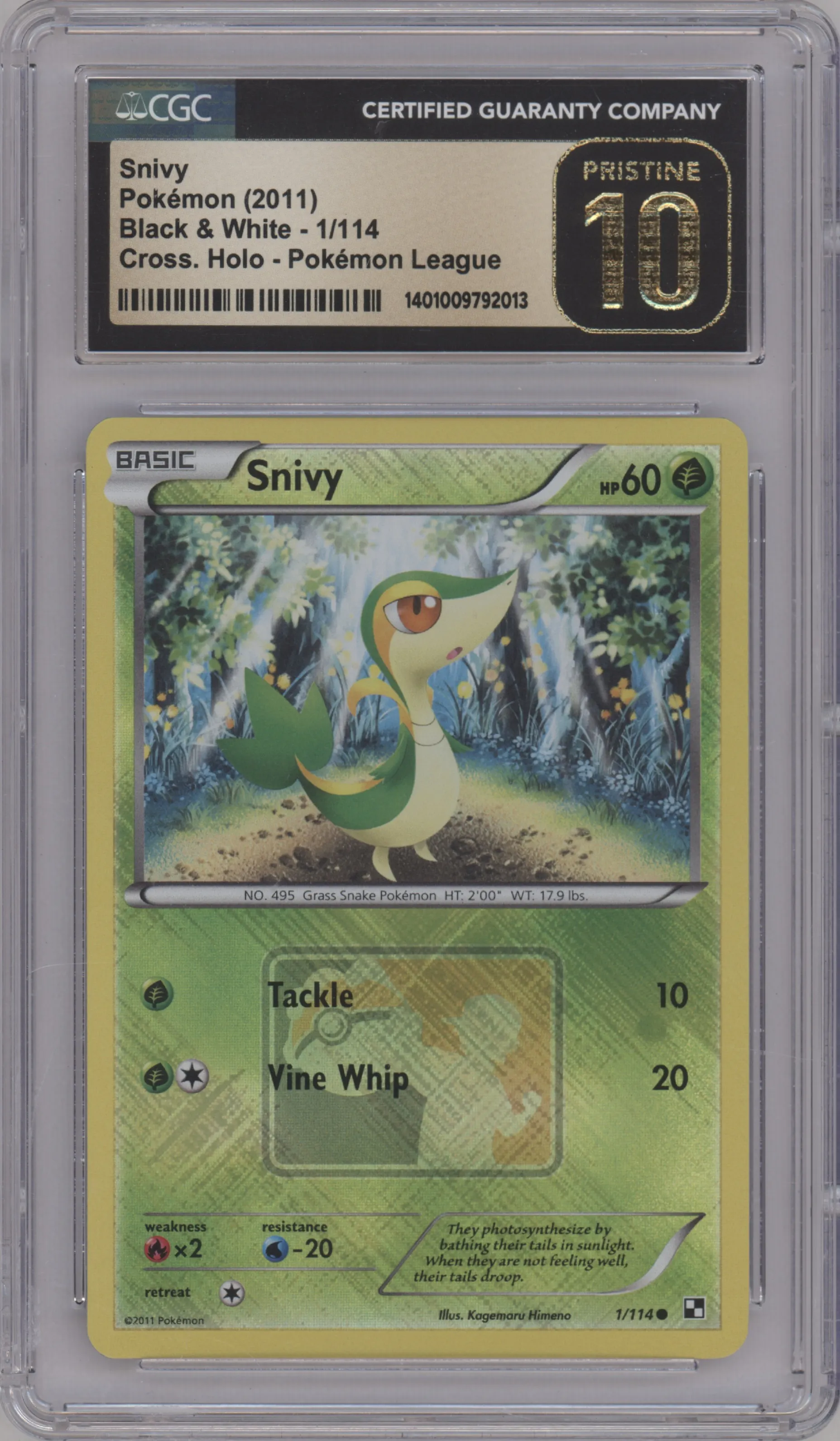  Snivy from the 2011 Pokemon Black & White set featuring a Crosshatch Pokemon League  parallel graded by CSG and given an overall grade of 10.