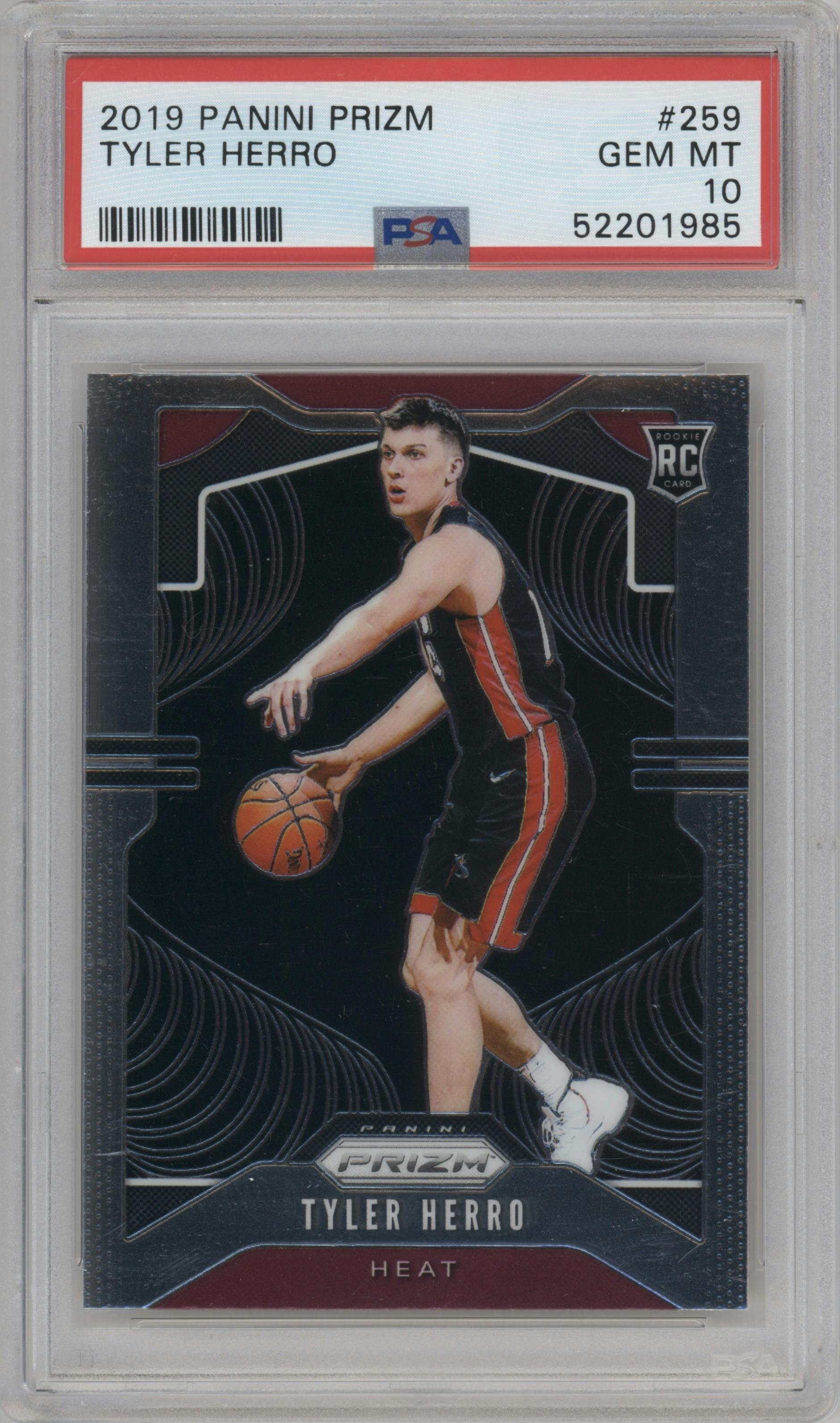 Tyler Herro from the 2019-20 Panini Prizm set graded by PSA and given an overall grade of 10.