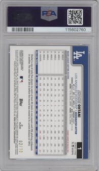 Shohei Ohtani from the 2025 Topps set featuring a Black Foil parallel graded by PSA and given an overall grade of 9.