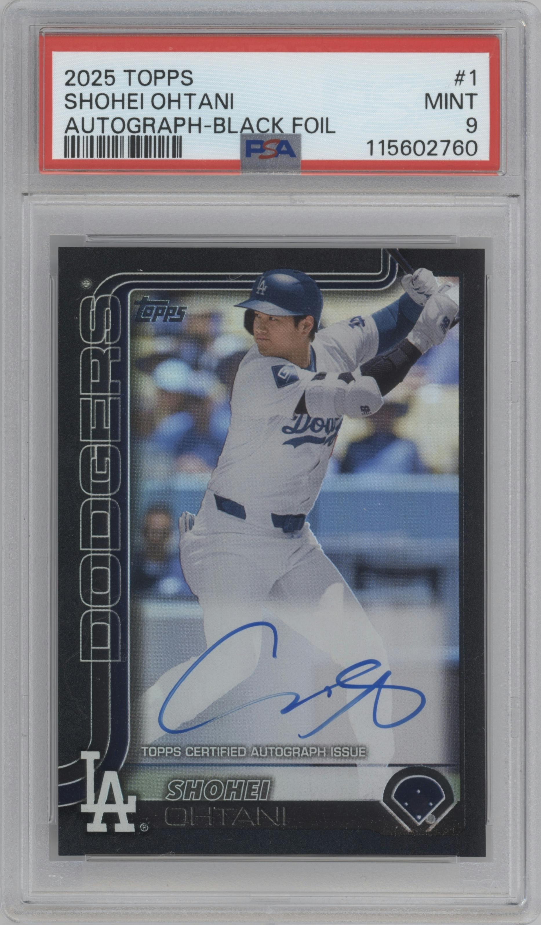 Shohei Ohtani from the 2025 Topps set featuring a Black Foil parallel graded by PSA and given an overall grade of 9.