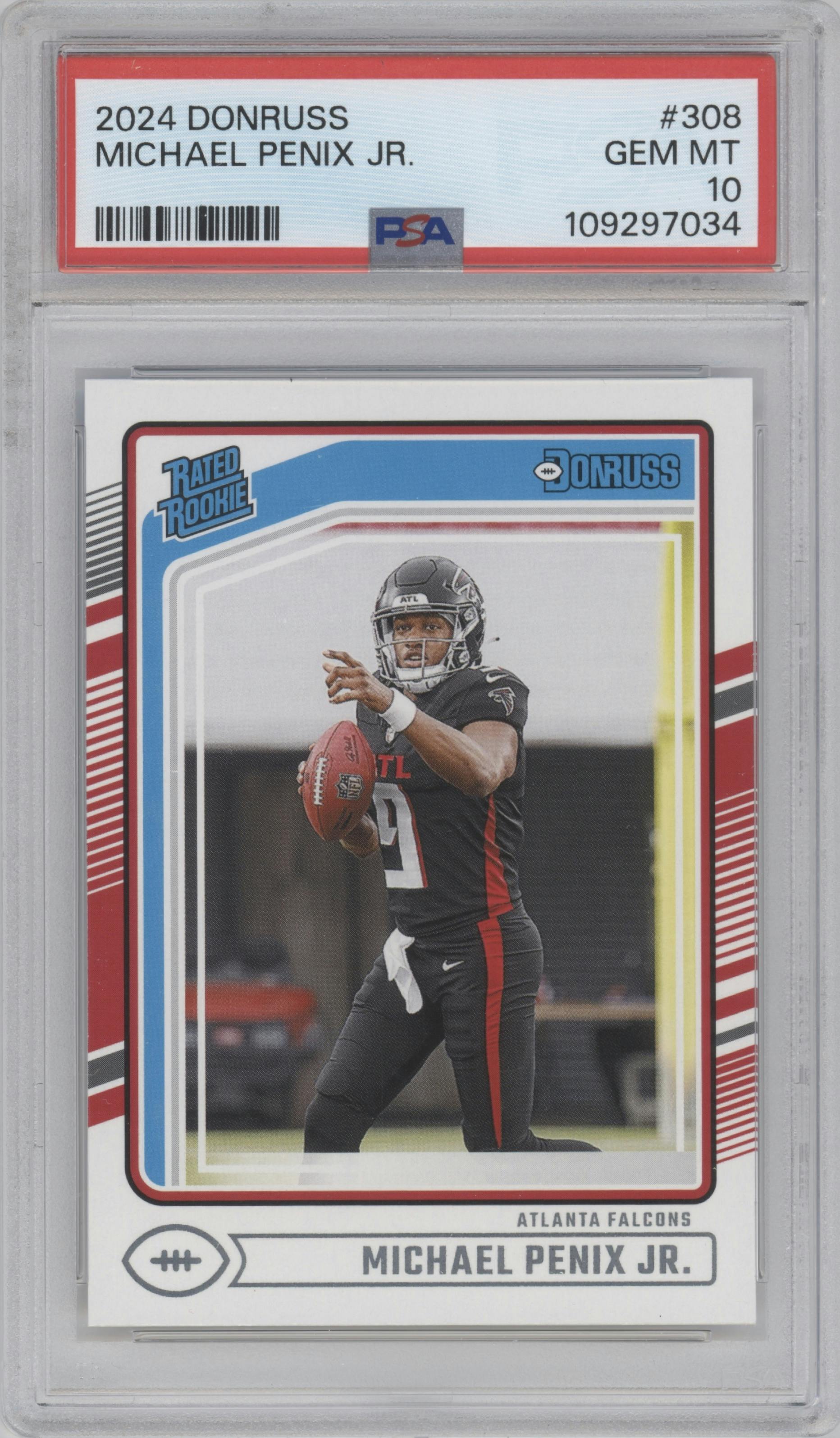 Michael Penix Jr. from the 2024 Donruss set graded by PSA and given an overall grade of 10.
