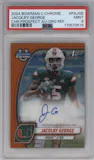 Jacolby George from the 2024 Bowman University Chrome set featuring a Orange Refractor parallel graded by PSA and given an overall grade of 9.