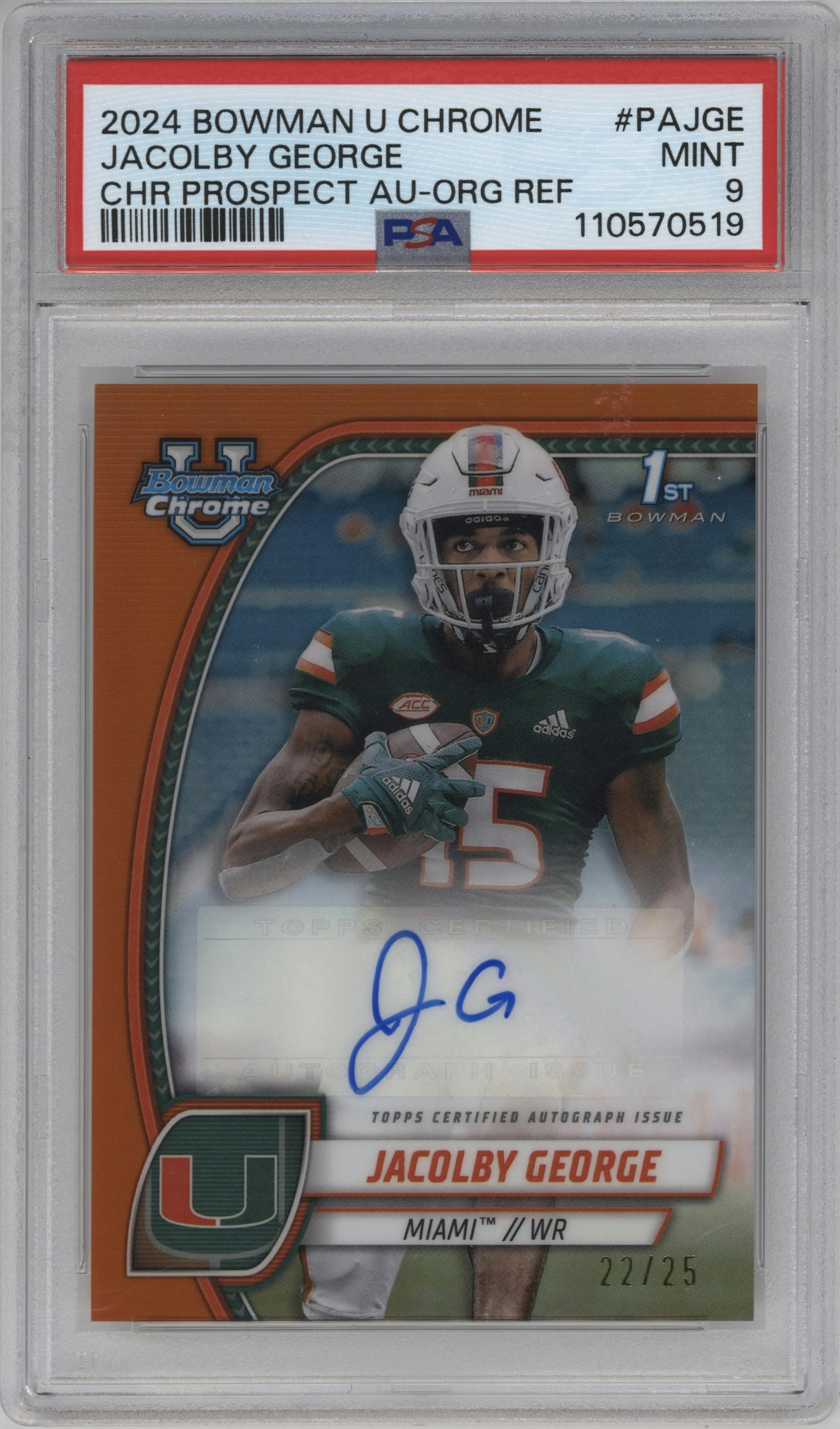 Jacolby George from the 2024 Bowman University Chrome set featuring a Orange Refractor parallel graded by PSA and given an overall grade of 9.