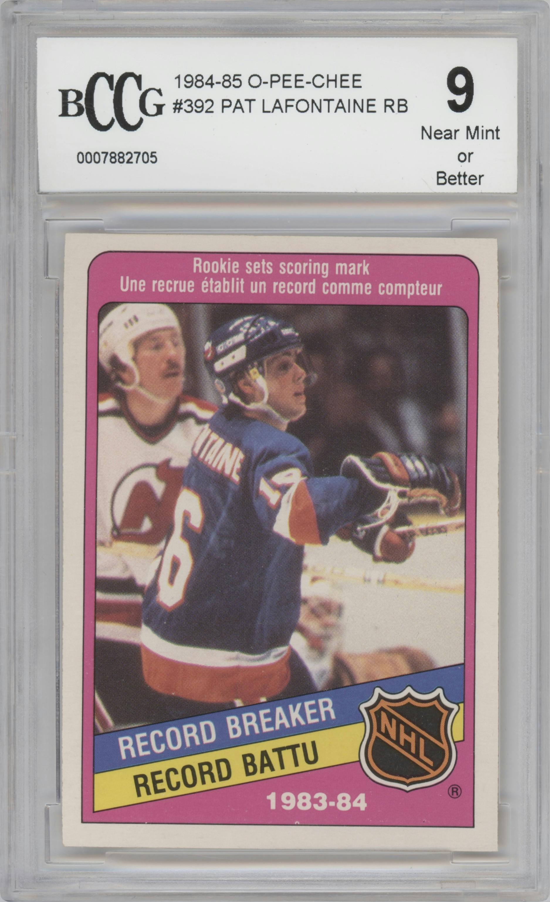 Pat LaFontaine Record Breakers from the 1984-85 O-Pee-Chee set graded by Beckett and given an overall grade of 9.