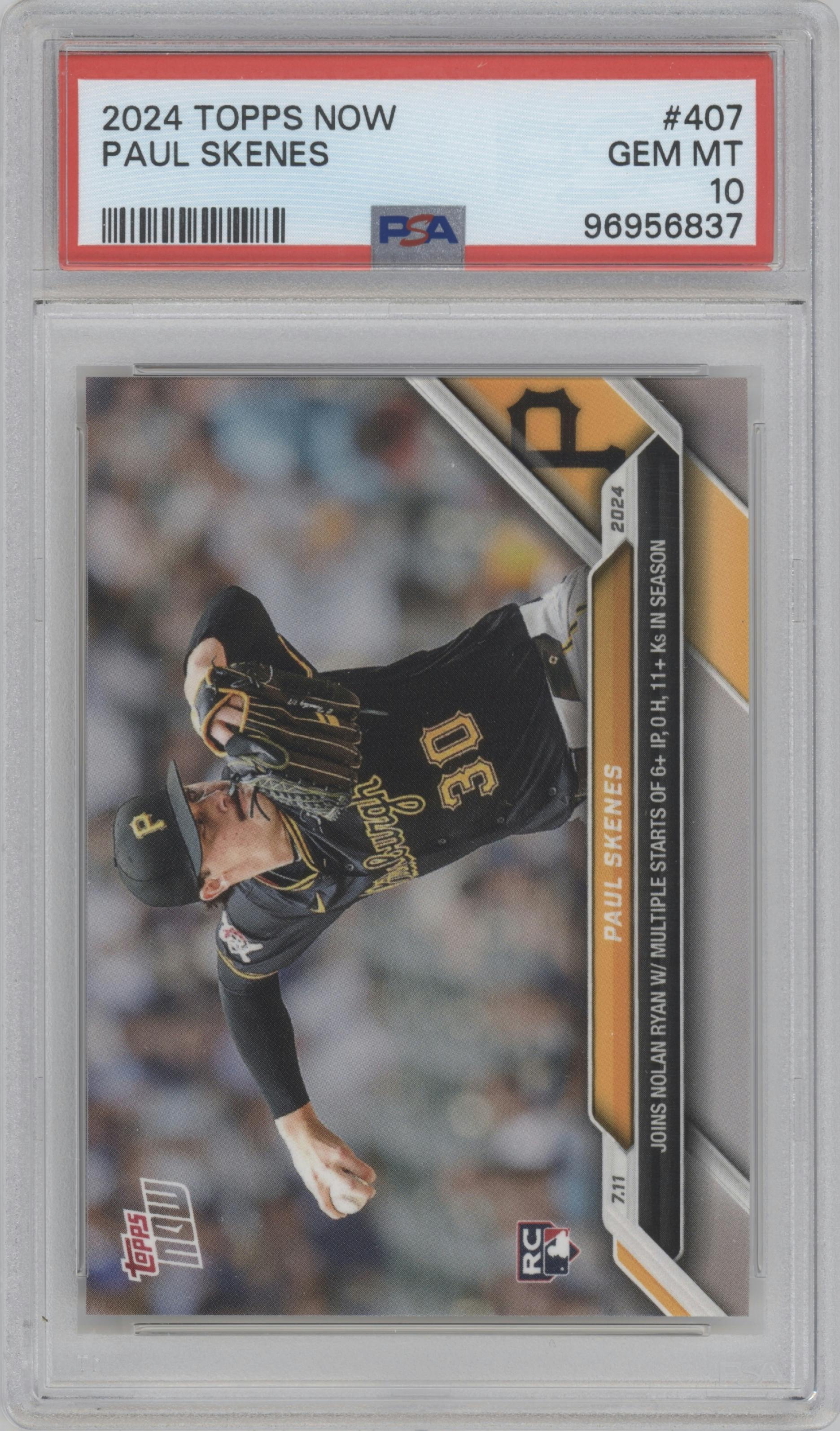 Paul Skenes from the 2024 Topps Now set graded by PSA and given an overall grade of 10.