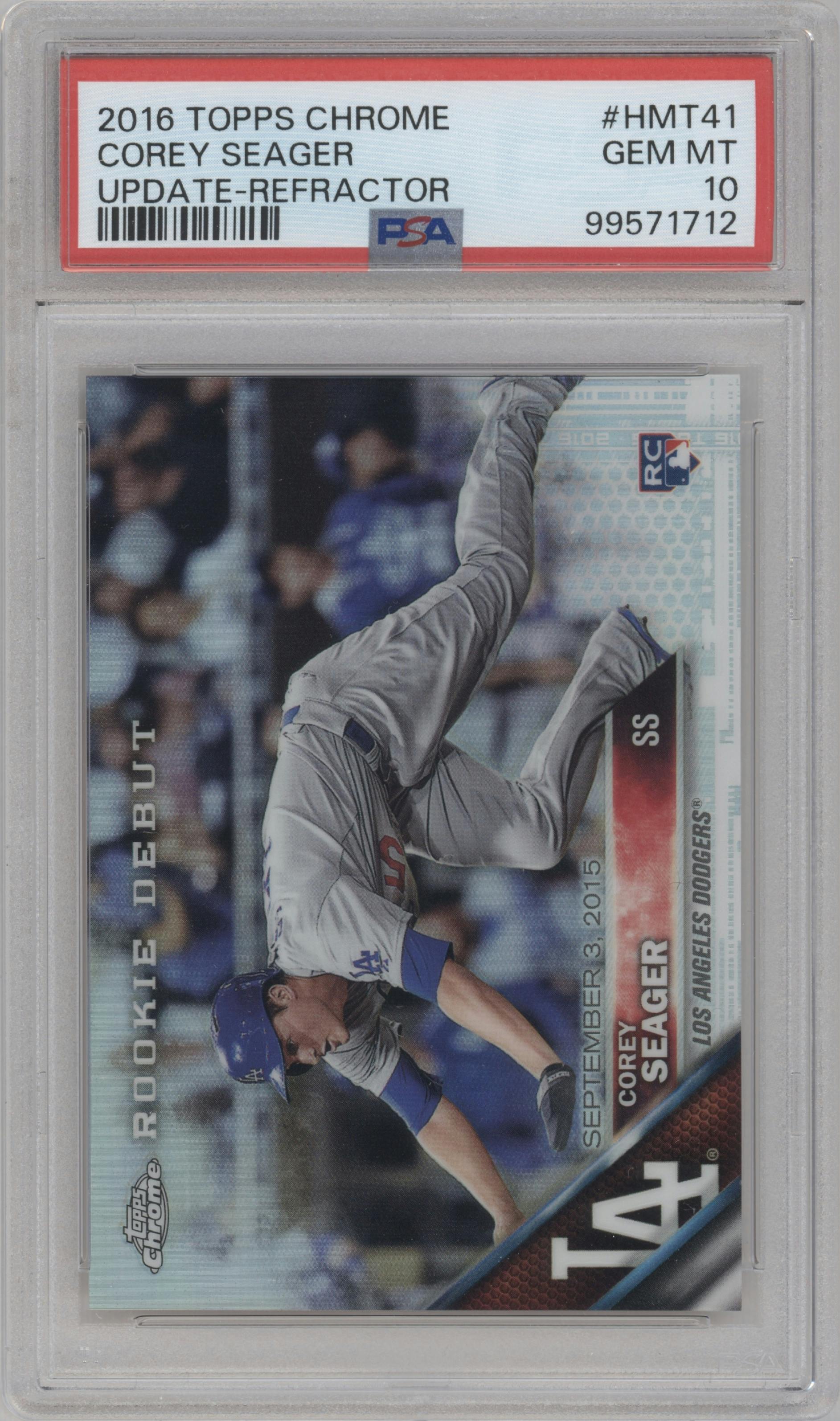 Corey Seager from the 2016 Topps Chrome Update set featuring a Refractor parallel graded by PSA and given an overall grade of 10.