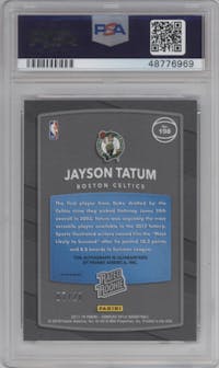 Jayson Tatum from the 2017-18 Panini Donruss Optic set featuring a Fast Break Pink parallel graded by PSA and given an overall grade of 9.
