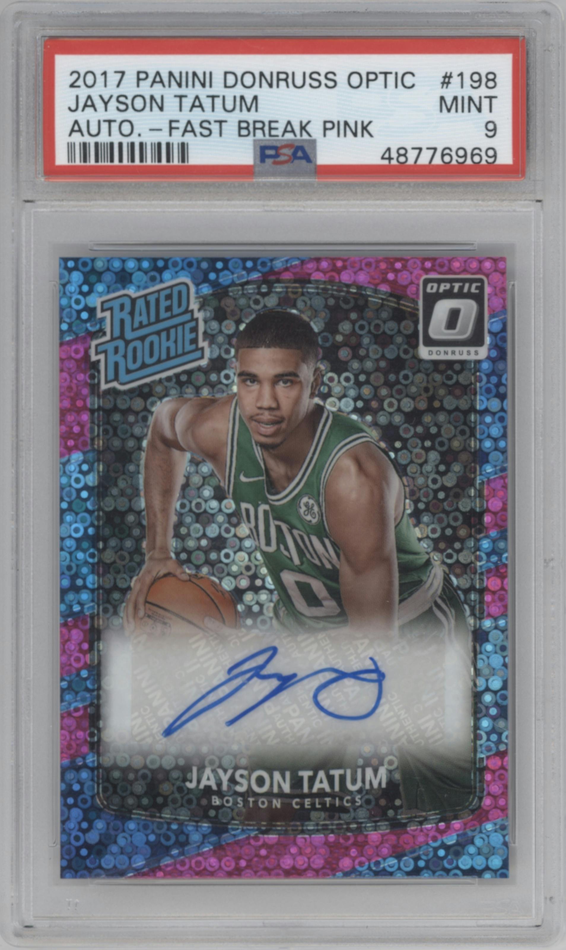 Jayson Tatum from the 2017-18 Panini Donruss Optic set featuring a Fast Break Pink parallel graded by PSA and given an overall grade of 9.