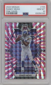 Randy Moss from the 2023 Panini Mosaic set featuring a Pink Swirl parallel graded by PSA and given an overall grade of 10.