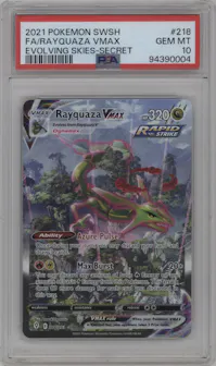 Rayquaza VMAX from the 2021 Pokemon SWSH set graded by PSA and given an overall grade of 10.