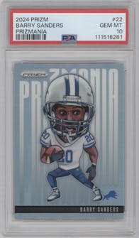 Barry Sanders from the 2024 Panini Prizm set graded by PSA and given an overall grade of 10.
