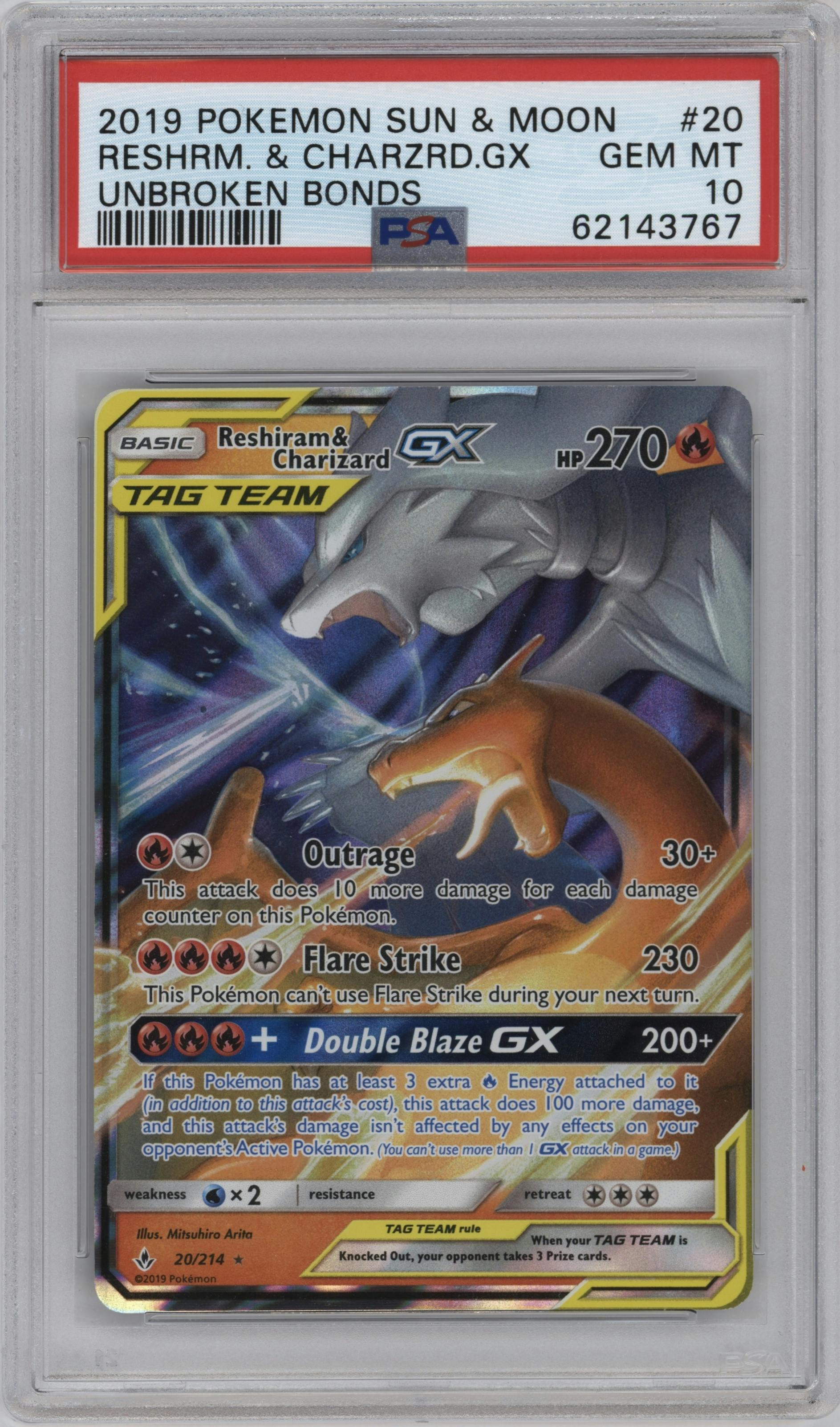 Reshiram/Charizard GX from the 2019 Pokemon S&M  set graded by PSA and given an overall grade of 10.