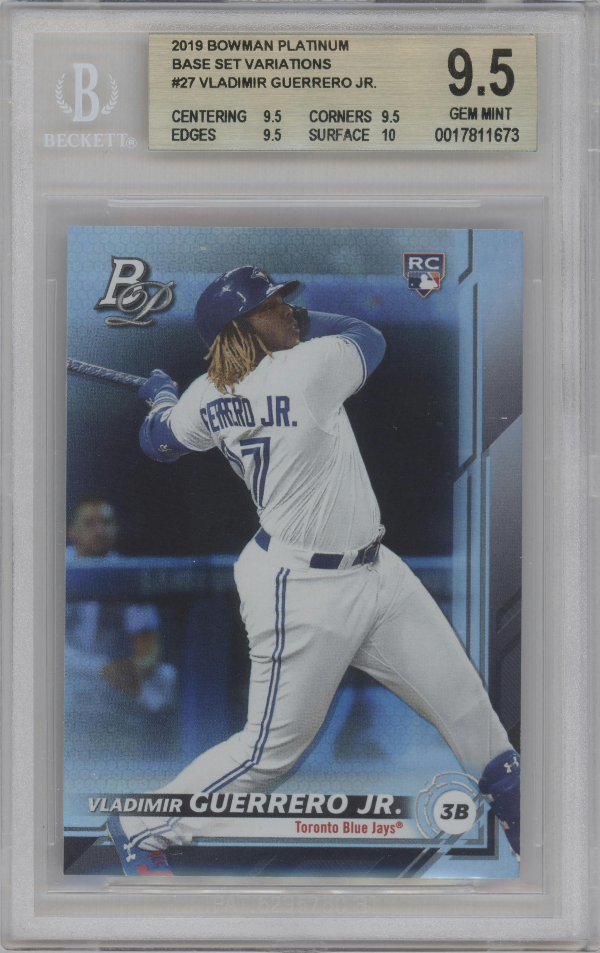 Vladimir Guerrero Jr. from the 2019 Bowman Platinum set graded by Beckett and given an overall grade of 9.5.