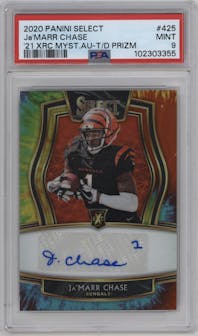 Ja'Marr Chase from the 2020 Panini Select set featuring a Tie-Dye parallel graded by PSA and given an overall grade of 9.