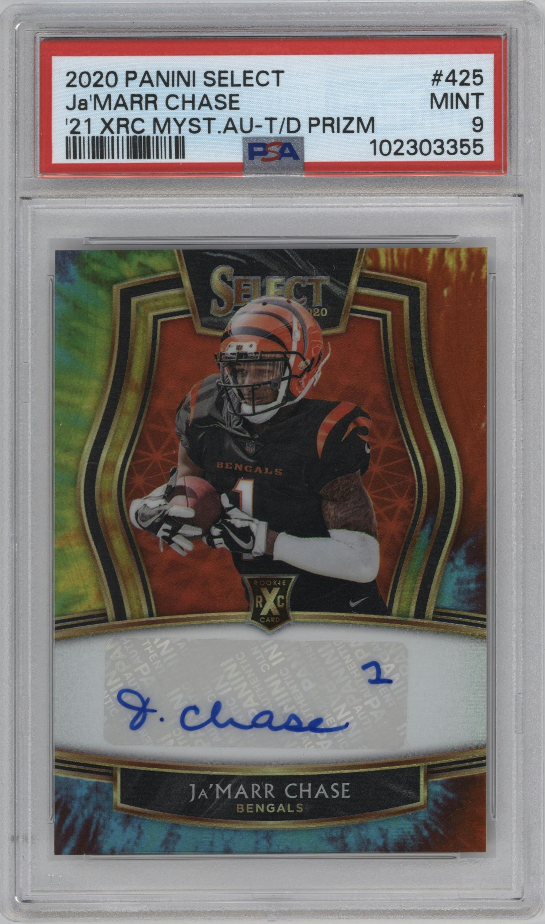 Ja'Marr Chase from the 2020 Panini Select set featuring a Tie-Dye parallel graded by PSA and given an overall grade of 9.