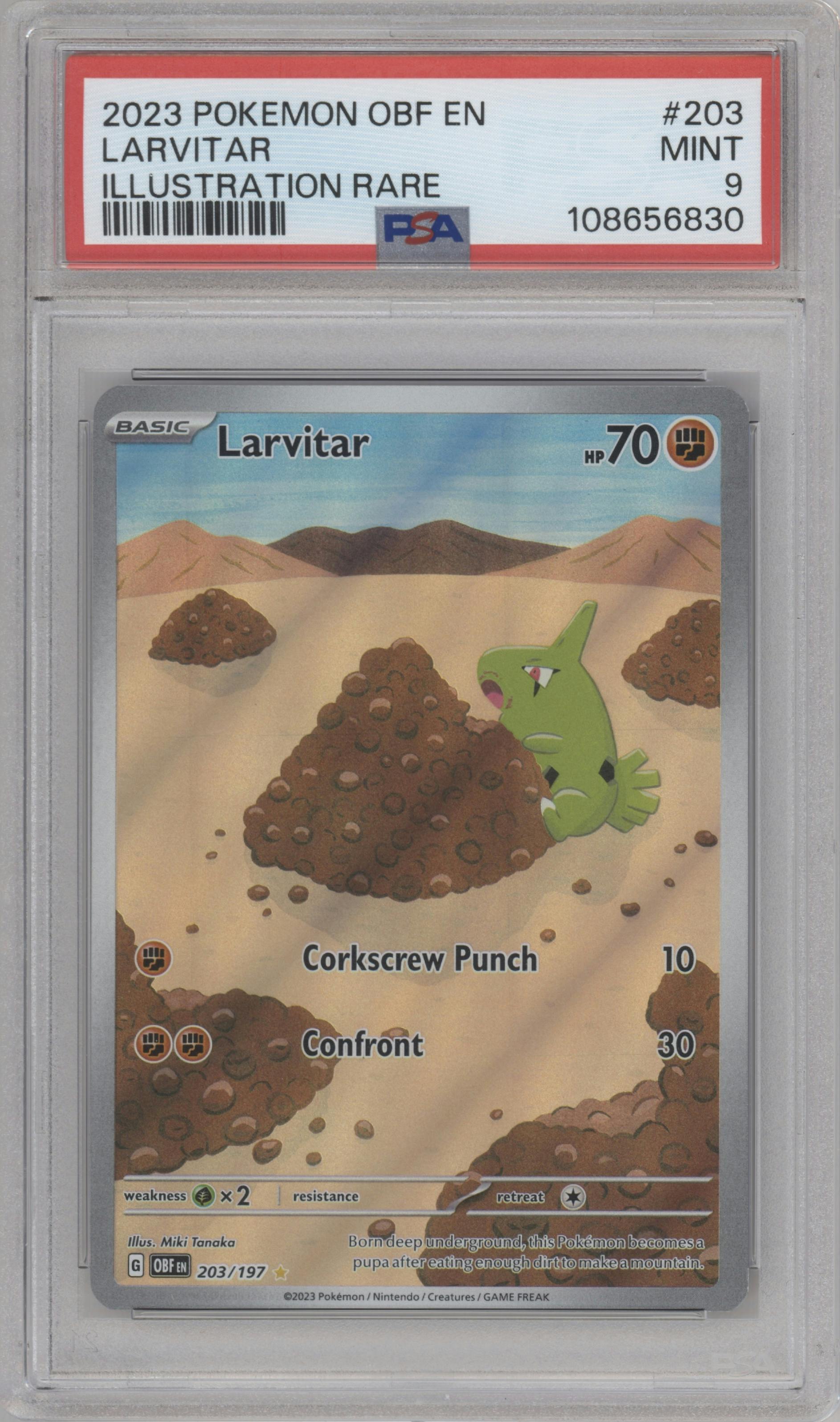 Larvitar from the 2023 Pokemon SV set graded by PSA and given an overall grade of 9.