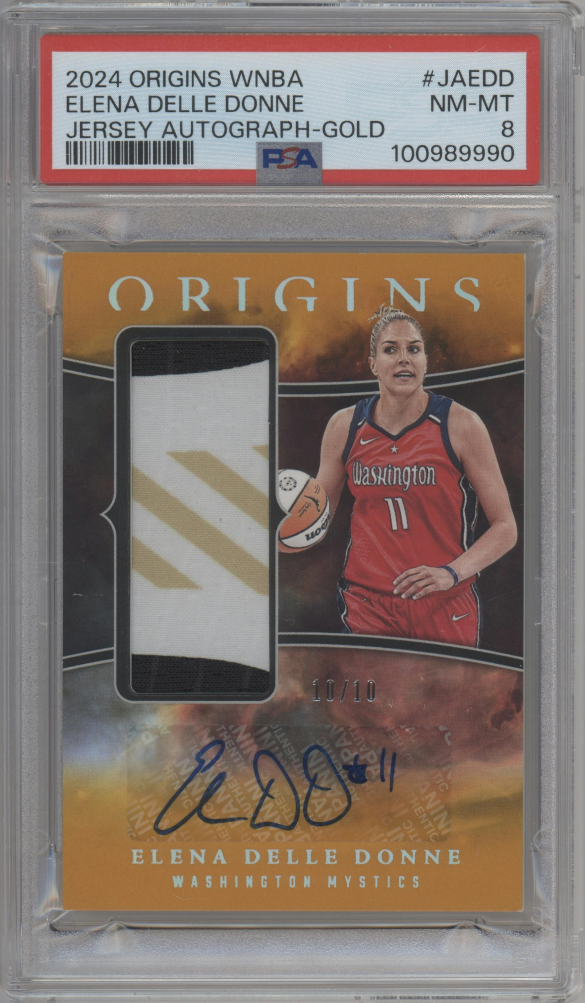 Elena Delle Donne from the 2024 Panini Origins WNBA set featuring a Gold parallel graded by PSA and given an overall grade of 8.