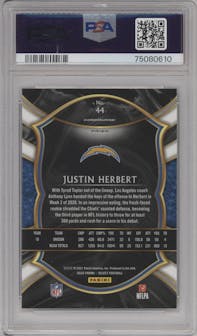 Justin Herbert from the 2020 Panini Select set featuring a Silver Prizm parallel graded by PSA and given an overall grade of 10.