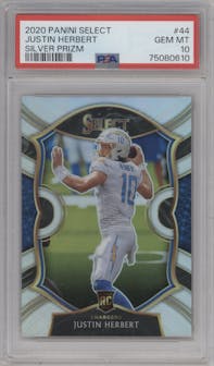 Justin Herbert from the 2020 Panini Select set featuring a Silver Prizm parallel graded by PSA and given an overall grade of 10.
