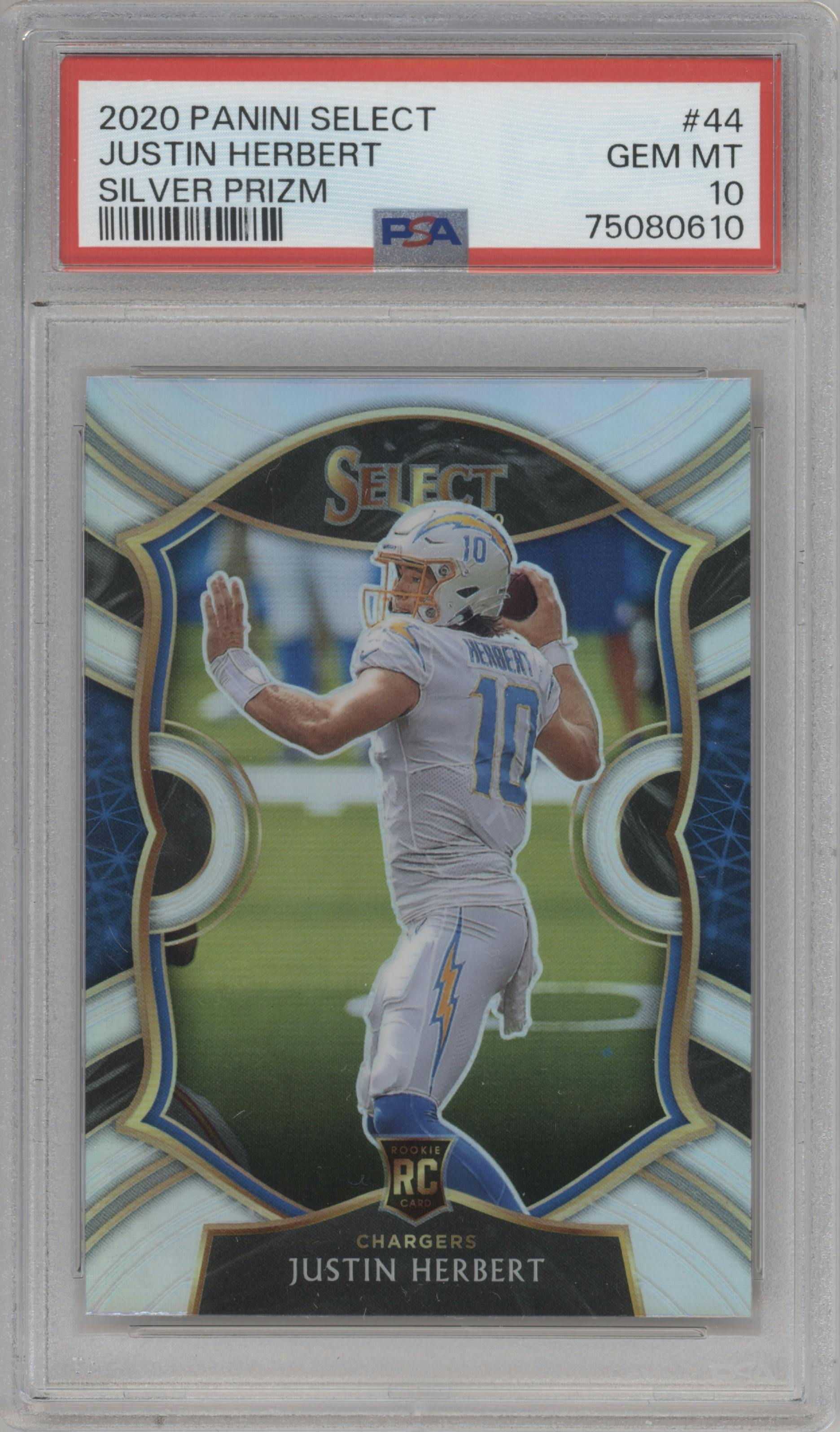 Justin Herbert from the 2020 Panini Select set featuring a Silver Prizm parallel graded by PSA and given an overall grade of 10.