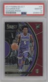 De'Aaron Fox from the 2017-18 Panini Select set featuring a Maroon Prizm parallel graded by PSA and given an overall grade of 10.