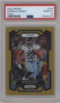 Derrick Henry from the 2023 Panini Prizm set featuring a Gold Prizm parallel graded by PSA and given an overall grade of 10.