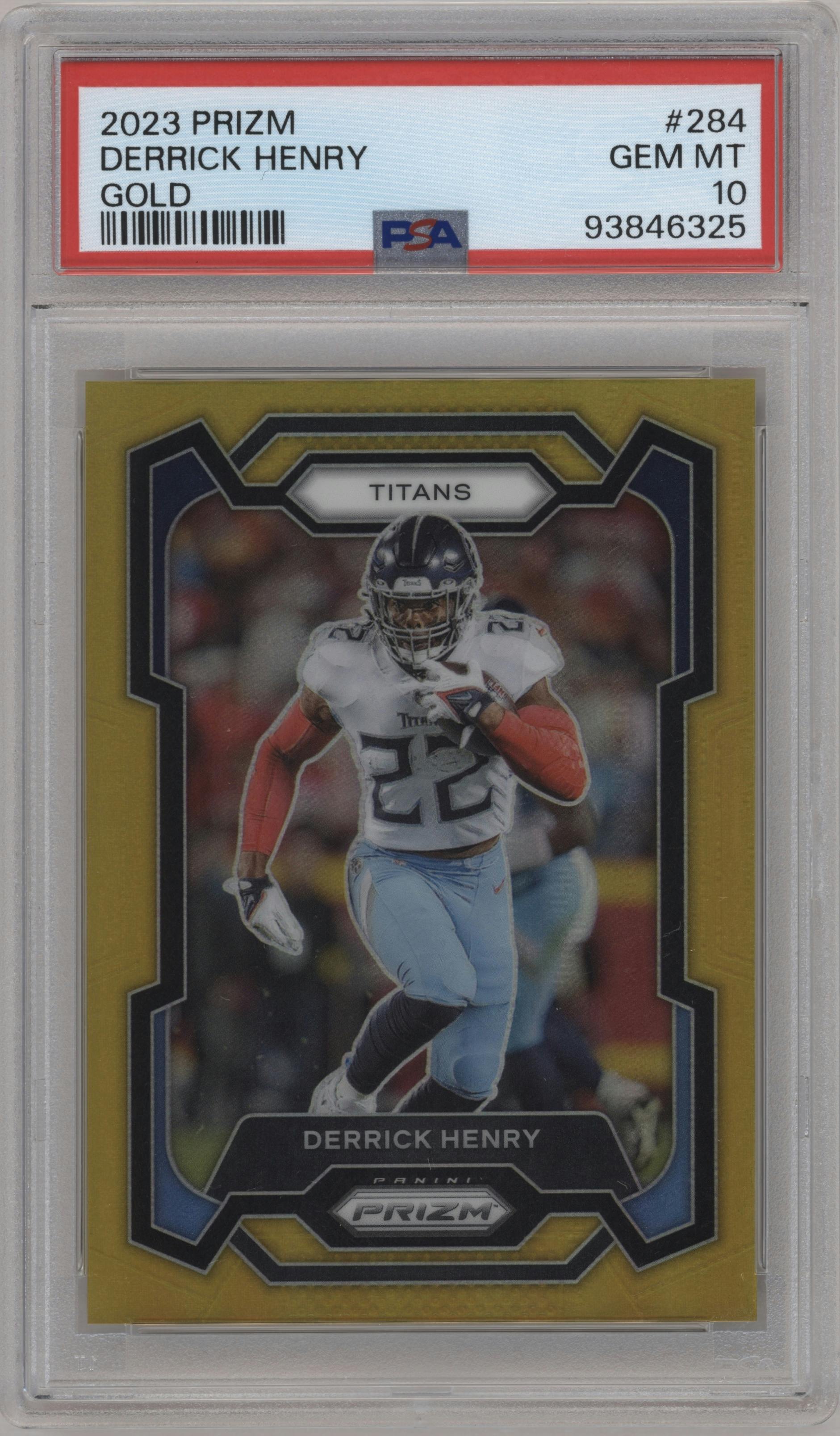Derrick Henry from the 2023 Panini Prizm set featuring a Gold Prizm parallel graded by PSA and given an overall grade of 10.