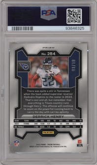 Derrick Henry from the 2023 Panini Prizm set featuring a Gold Prizm parallel graded by PSA and given an overall grade of 10.