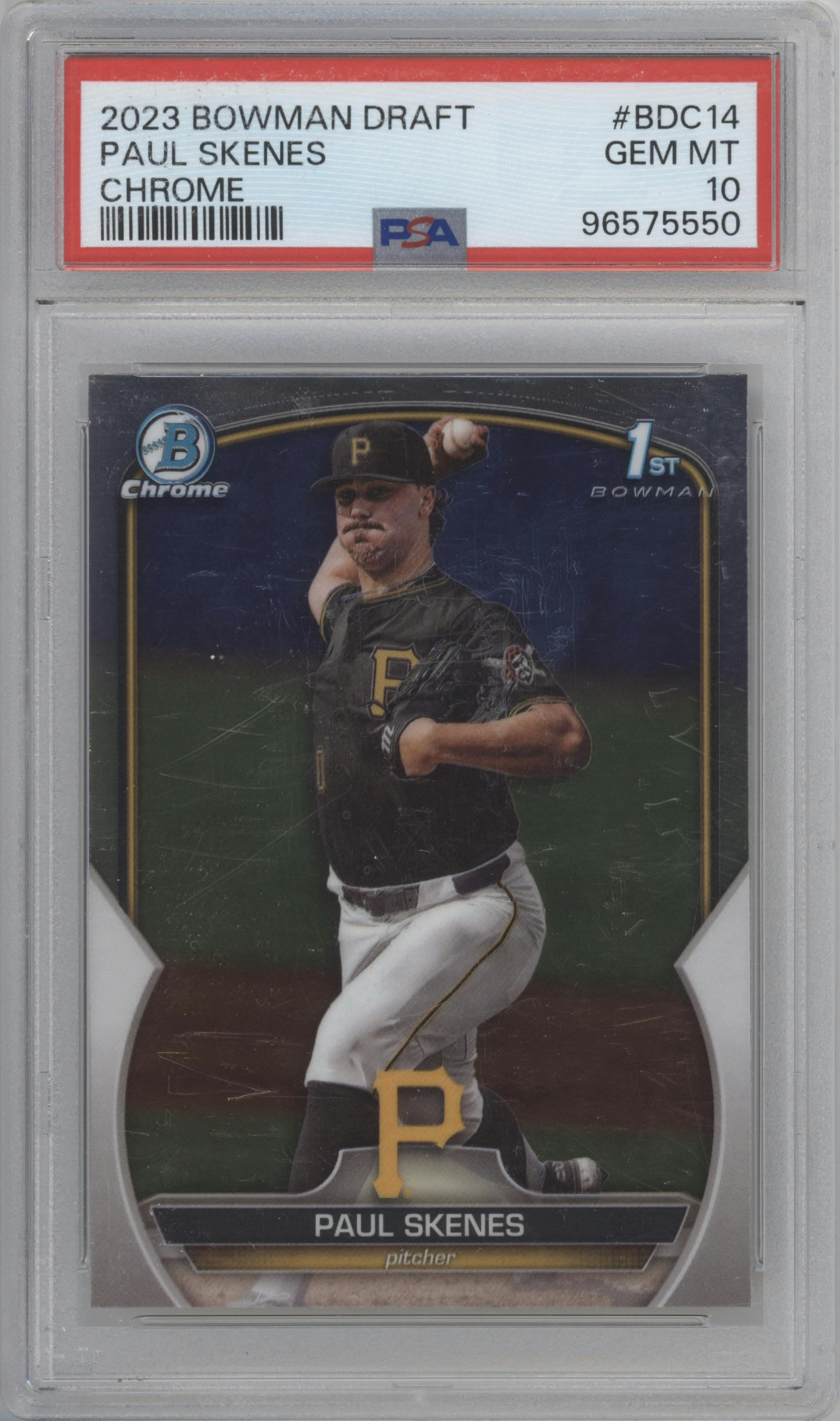 Paul Skenes from the 2023 Bowman Draft set graded by PSA and given an overall grade of 10.