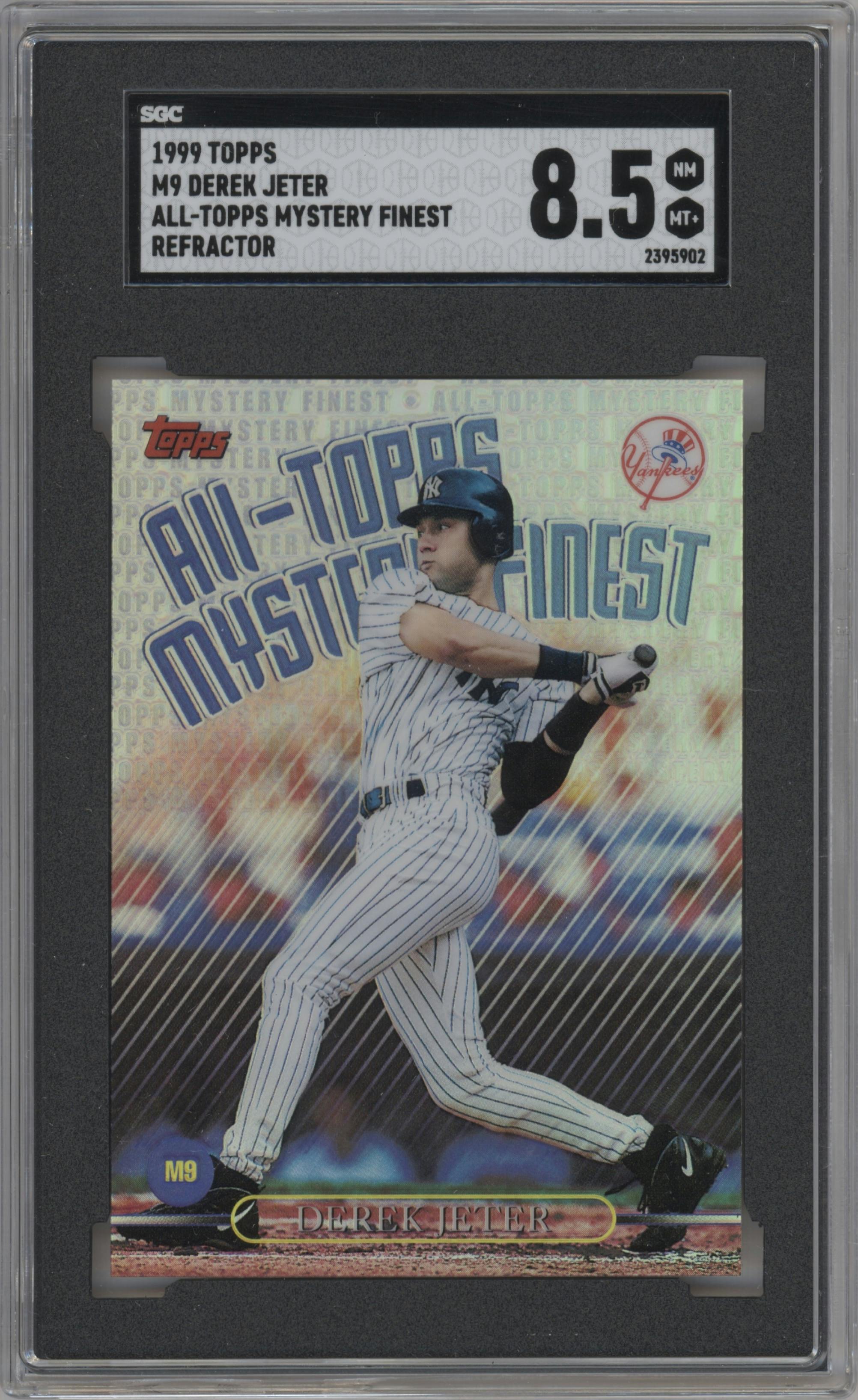 Derek Jeter from the 1999 Topps set featuring a Refractor parallel graded by SGC and given an overall grade of 8.5.