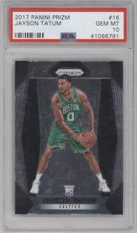 Jayson Tatum from the 2017-18 Panini Prizm  set graded by PSA and given an overall grade of 10.