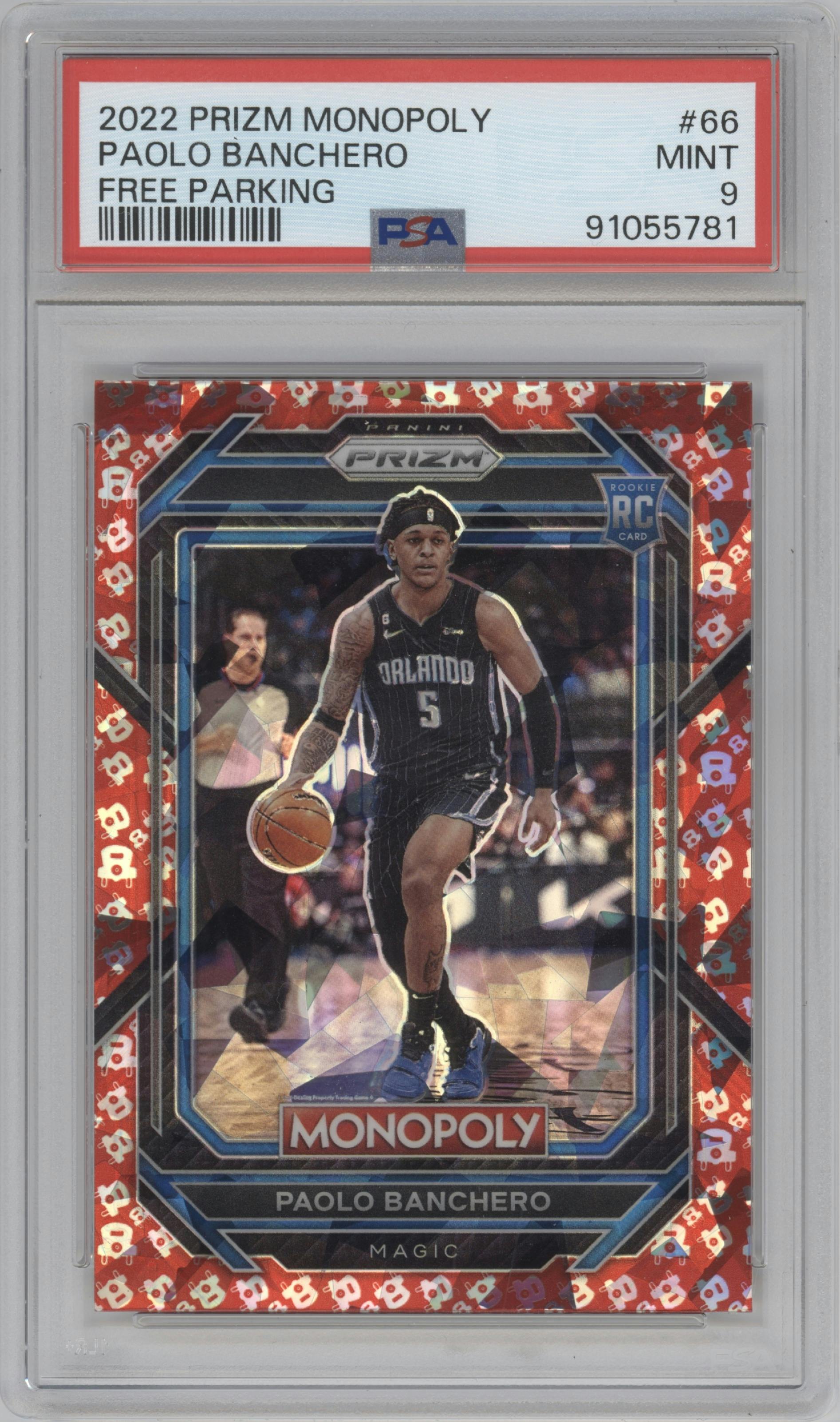 Paolo Banchero from the 2022-23 Panini Prizm Monopoly set featuring a Free Parking parallel graded by PSA and given an overall grade of 9.