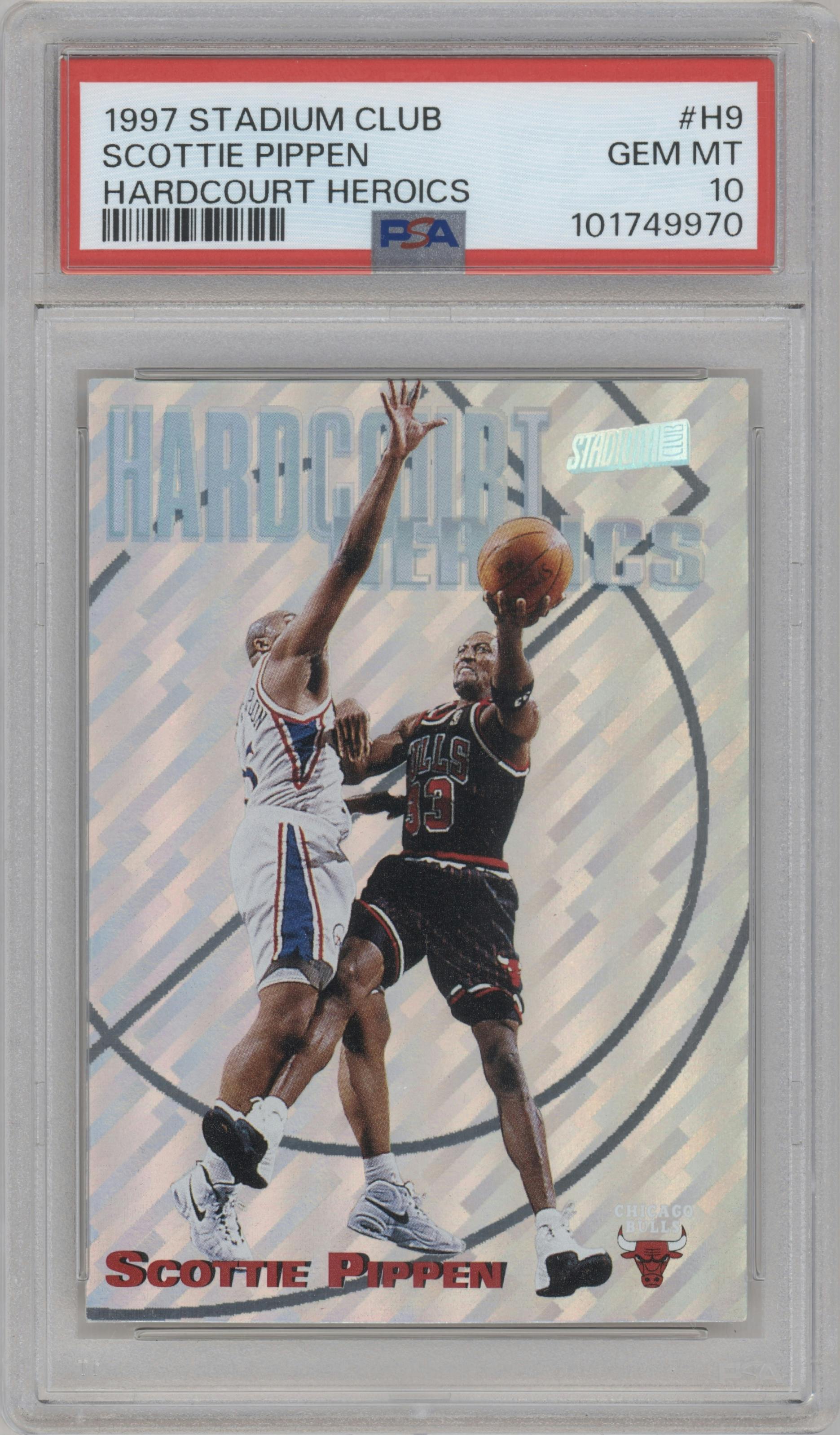 Scottie Pippen from the 1997-98 Topps Stadium Club set graded by PSA and given an overall grade of 10.