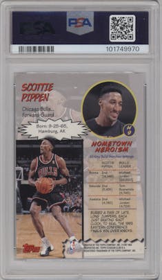 Scottie Pippen from the 1997-98 Topps Stadium Club set graded by PSA and given an overall grade of 10.