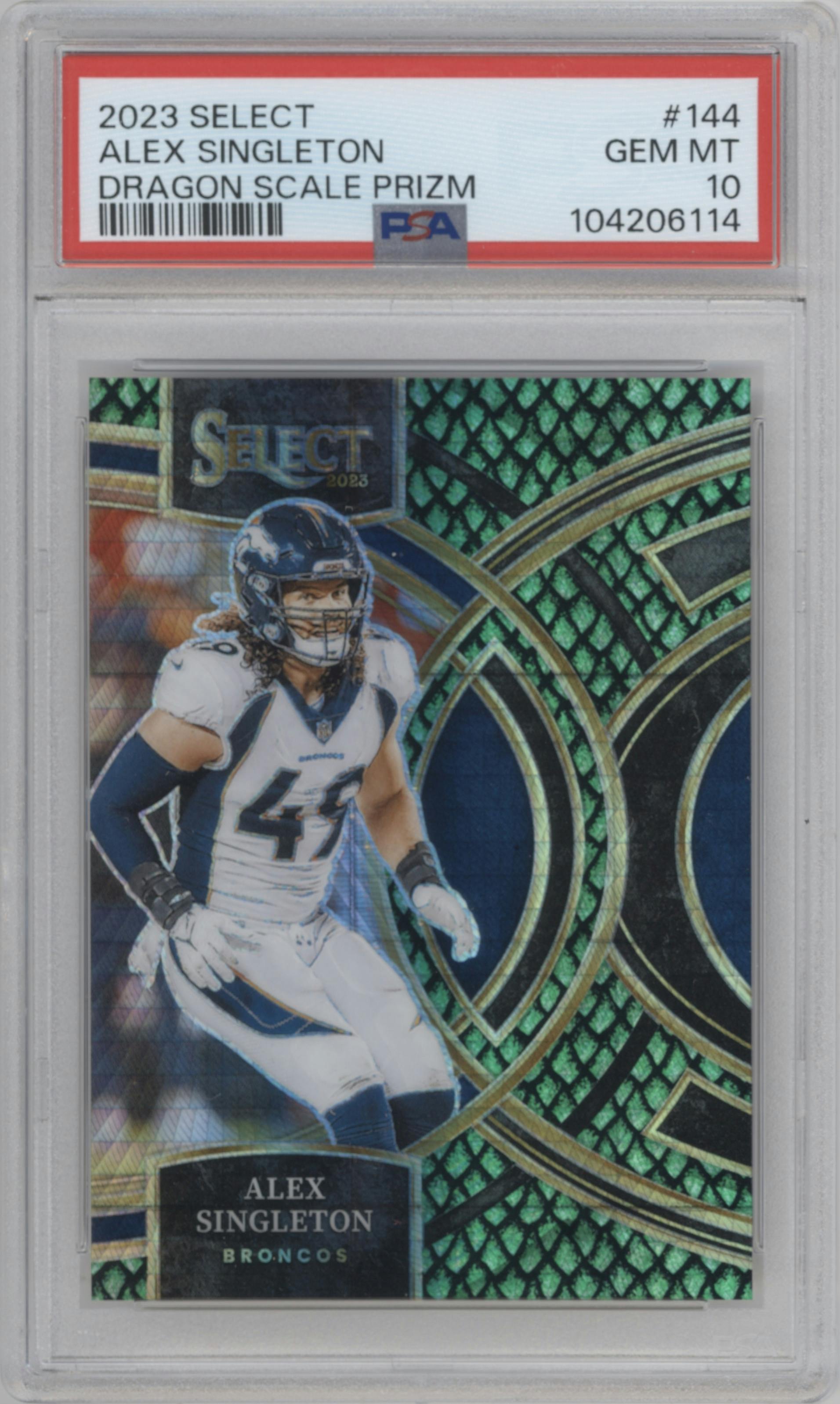Alex Singleton from the 2023 Panini Select set featuring a Dragon Scale parallel graded by PSA and given an overall grade of 10.