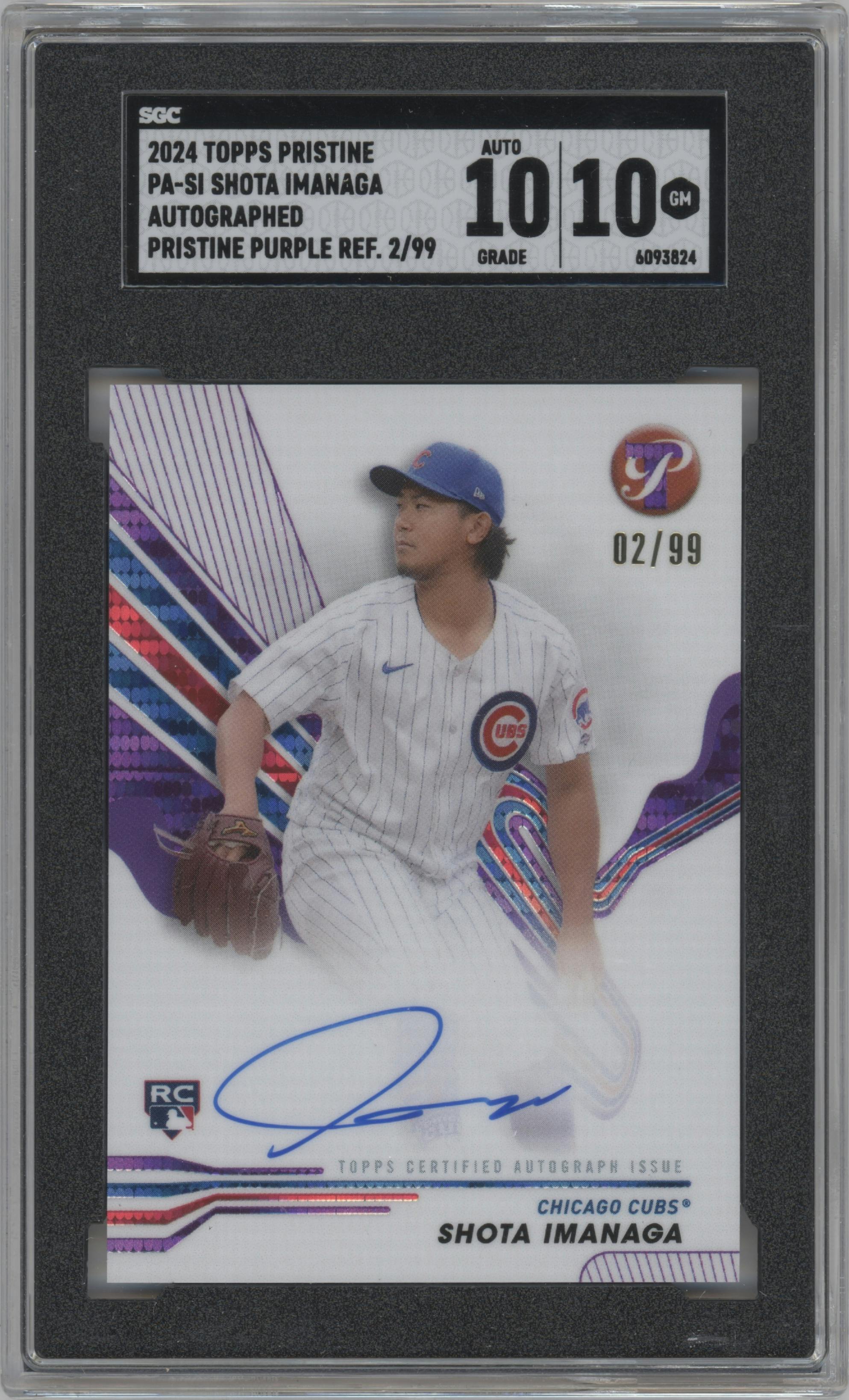 Shota Imanaga from the 2024 Topps Pristine set featuring a Purple Pristine Pulsar Refractor  parallel graded by SGC and given an overall grade of 10.