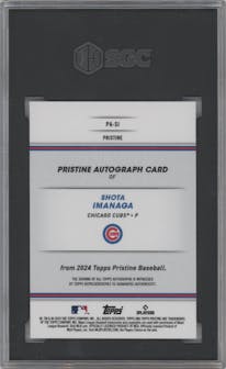 Shota Imanaga from the 2024 Topps Pristine set featuring a Purple Pristine Pulsar Refractor  parallel graded by SGC and given an overall grade of 10.